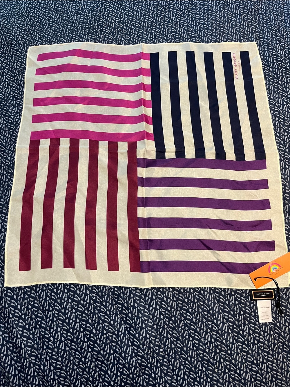 NWT KURT GEIGER London 100% Silk Striped Colorblock Scarf